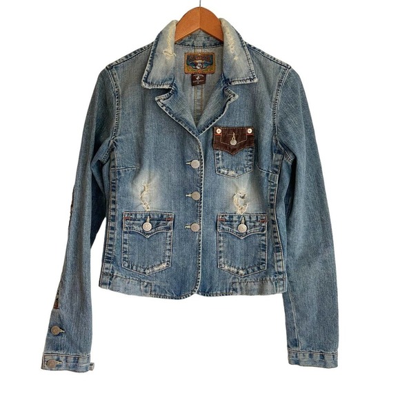 Vintage Rare True Religion World Tour Distressed Denim Jacket Women’s Size M - Picture 3 of 10